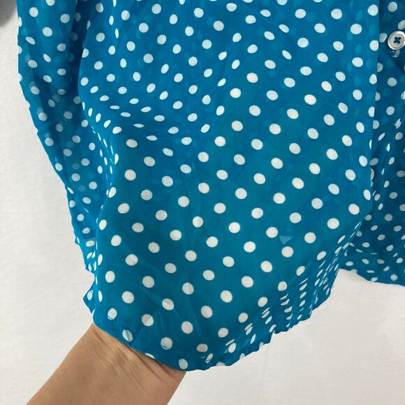 Susan Graver Top 2X Blue White Polka Dot Soft Flowy 3/4 Sleeve Chiffon Button Up - Picture 5 of 11
